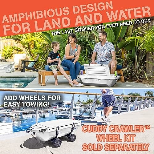 Amphibious cooler for land and water use with optional wheel kit.