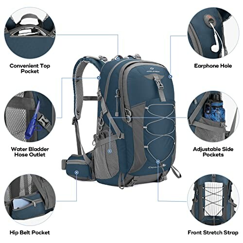Blue hiking backpack with multiple pockets and features.