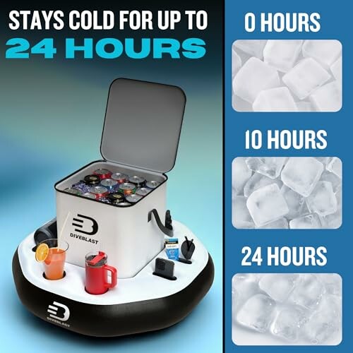 Cooler showing ice retention for up to 24 hours with images of ice at 0, 10, and 24 hours.