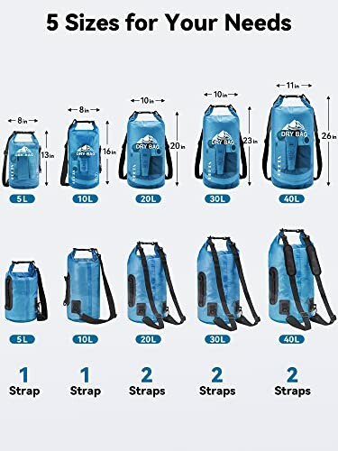 Image showing five sizes of blue dry bags ranging from 5L to 40L with straps.