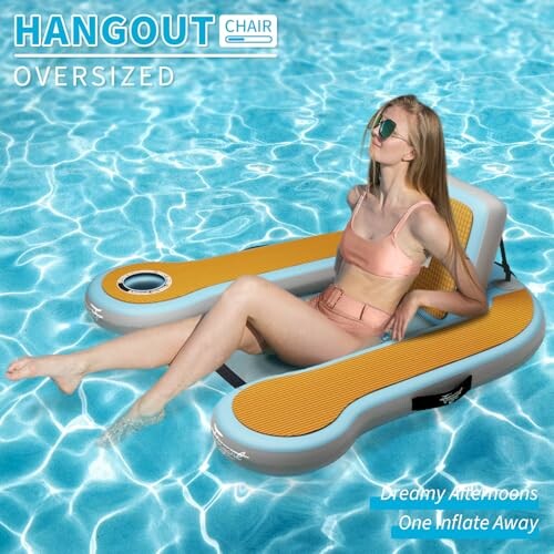 Woman relaxing on oversized pool float chair in water.