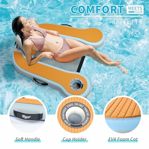 Woman relaxing on an inflatable pool lounge chair with features highlighted.