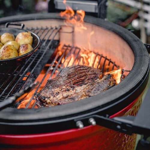 Steak and potatoes grilling on a barbecue