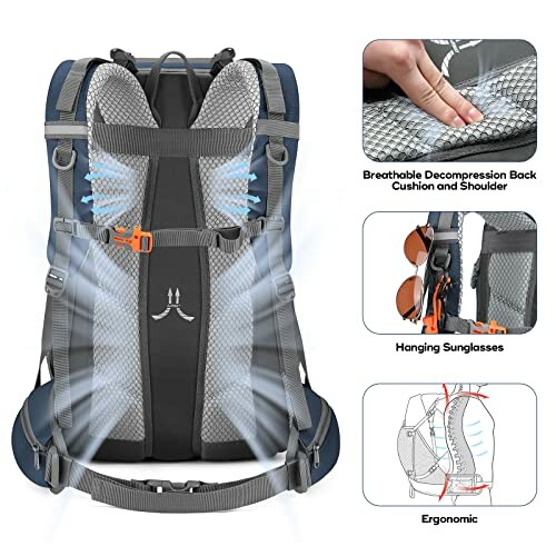 Hiking backpack with breathable decompression back cushion and ergonomic design.