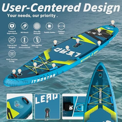 Inflatable paddle board with user-centered design features.