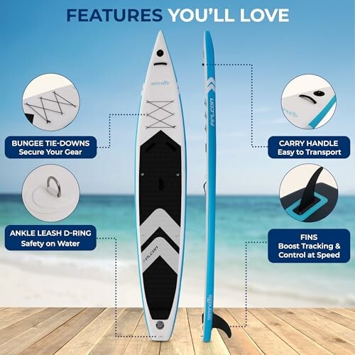 Inflatable paddleboard features and benefits on a beach.