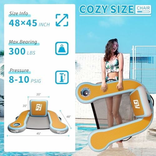 Woman holding an inflatable pool chair with size and weight details.