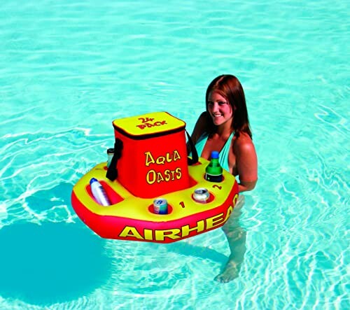 Person in pool with inflatable drink cooler