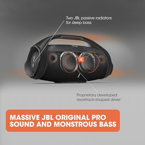 JBL speaker showcasing passive radiators and racetrack-shaped driver for deep bass.