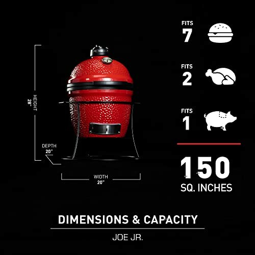 Kamado grill with dimensions and capacity details.