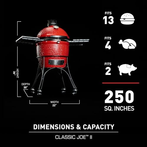 Kamado grill with dimensions and capacity details