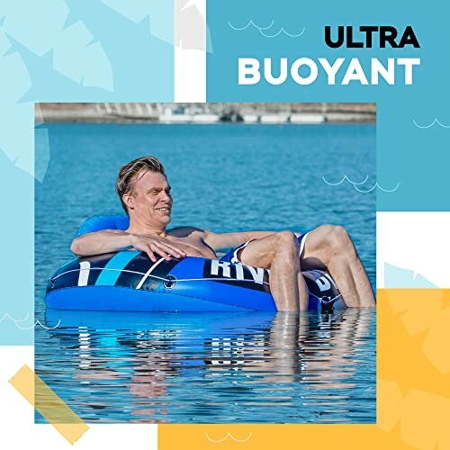 Man relaxing on a blue inflatable pool float in the water.