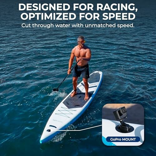 Man paddleboarding with GoPro mount on water.