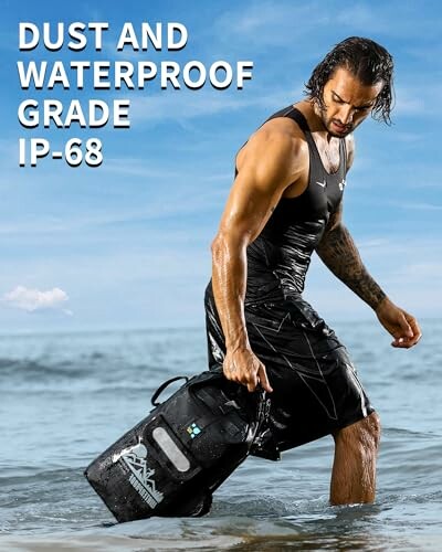 Man in water holding a waterproof bag, text reads 'Dust and Waterproof Grade IP-68'.