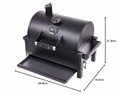 Oklahoma Joe's portable grill smoker with dimensions labeled.