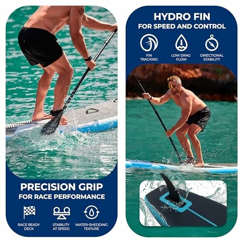 Man paddleboarding with hydro fin for speed and control.