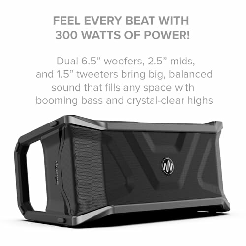 Portable Bluetooth speaker with powerful sound specifications.