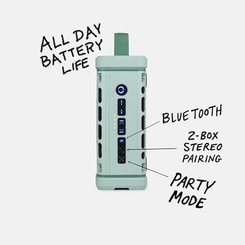 Portable Bluetooth speaker with features like all-day battery, stereo pairing, and party mode.