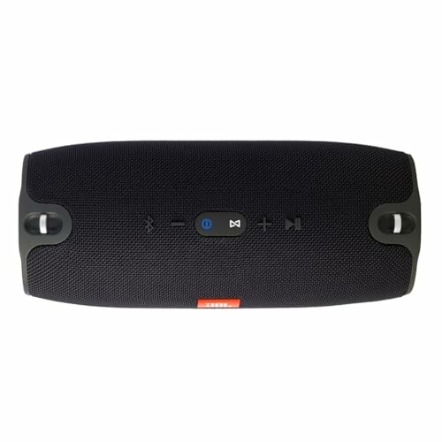Black portable Bluetooth speaker with control buttons on top.