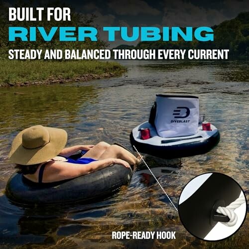 Person tubing on a river with a cooler tube nearby.