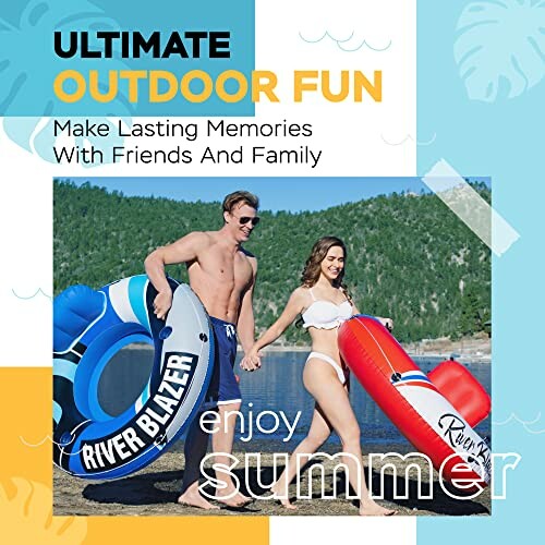 Couple at beach with inflatable tubes, enjoying summer.