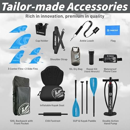 Collection of tailor-made accessories including flag, shoulder strap, kayak seat, paddles, and more.