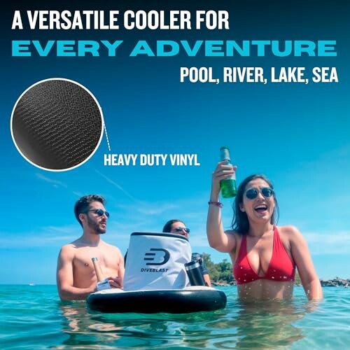 People enjoying water with a versatile cooler for pool, river, lake, sea.