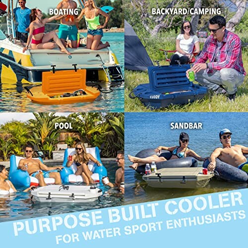 Collage of a cooler used in various water activities: boating, camping, pool, and sandbar.