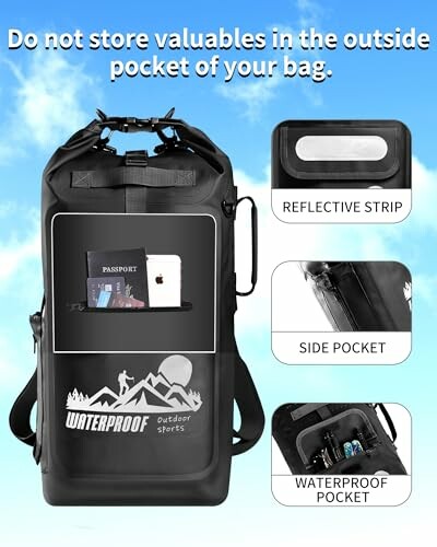 Waterproof backpack with reflective strip, side pocket, and waterproof pocket.