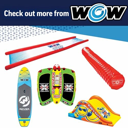 Collection of WOW Sports water inflatables including slides and boards.